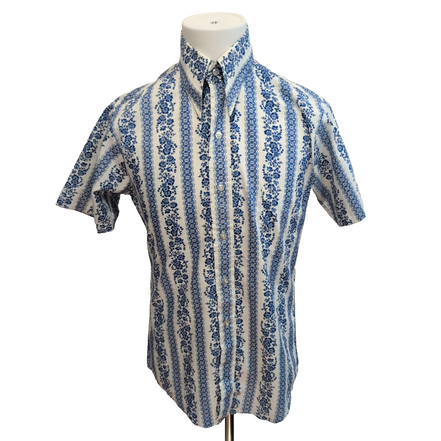Chemise Hawaïenne Sears S 14.5 Bleu Rayures Fleurs Coton Manches Courtes