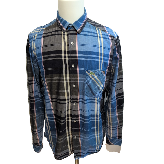 Chemise Lacoste Live L 43 Bleu Noir Blanc Carreaux Logo Poche manches longues