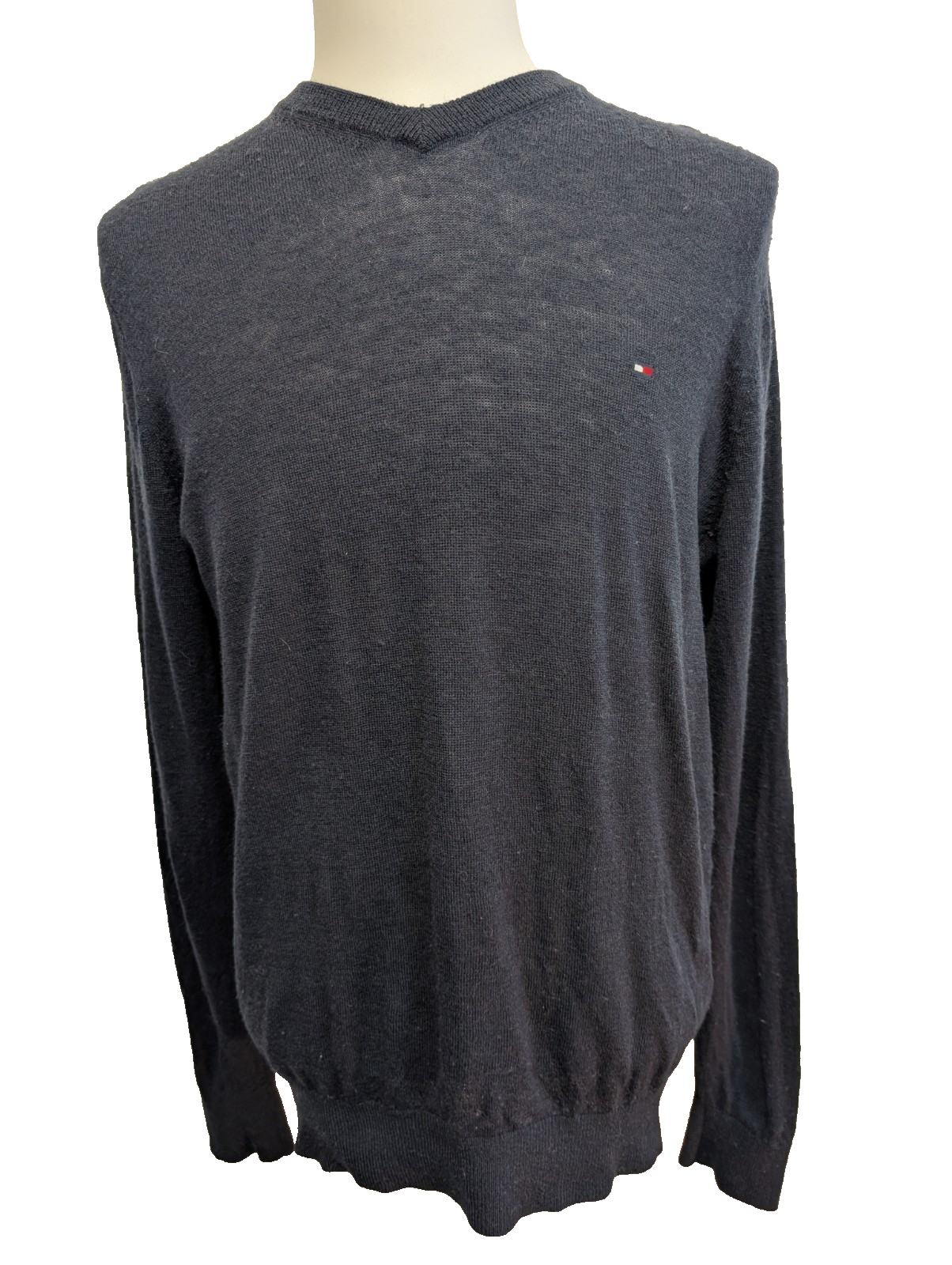 Pull TOMMY HILFIGER Col V Laine Fine Bleu Marine Logo Brodé Homme Taille M