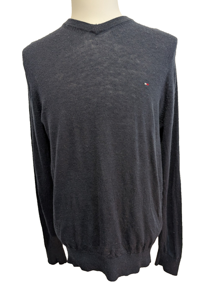 Pull TOMMY HILFIGER Col V Laine Fine Bleu Marine Logo Brodé Homme Taille M