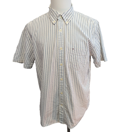Chemise Tommy Hilfiger Manches Courtes Grise et Blanche à Rayures Taille L