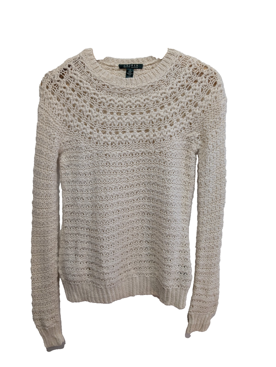 Pull Lauren Ralph Lauren femme S crème alpaga maille ajourée col rond