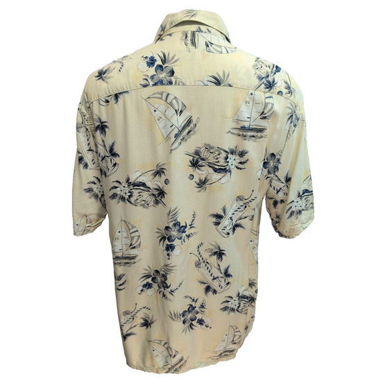 Chemise Hawaïenne XL 100% Viscose Jaune Cocktails Voiliers Fleurs