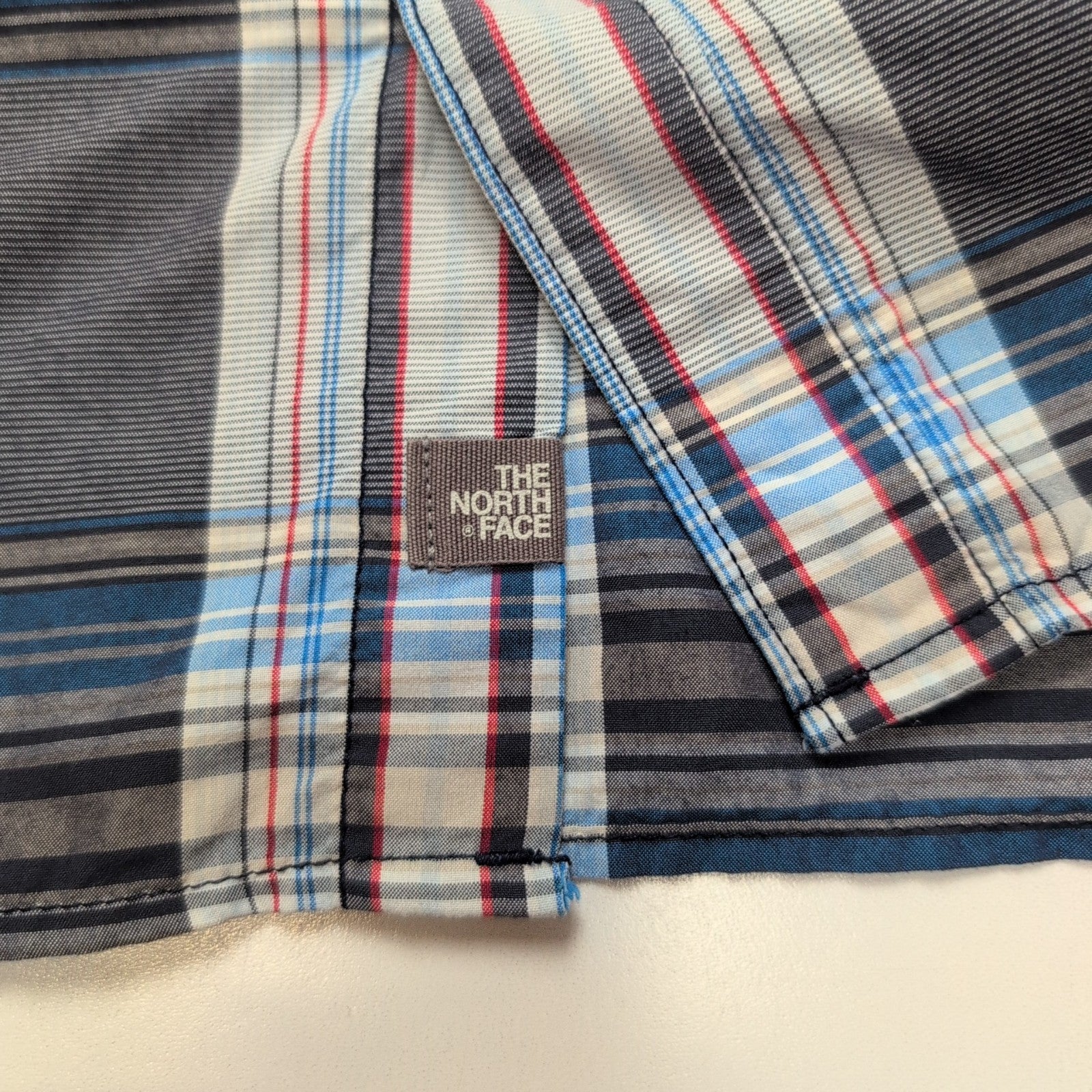 Chemise The North Face XL Bleu Gris Carreaux Nylon Col Officier Manches courtes