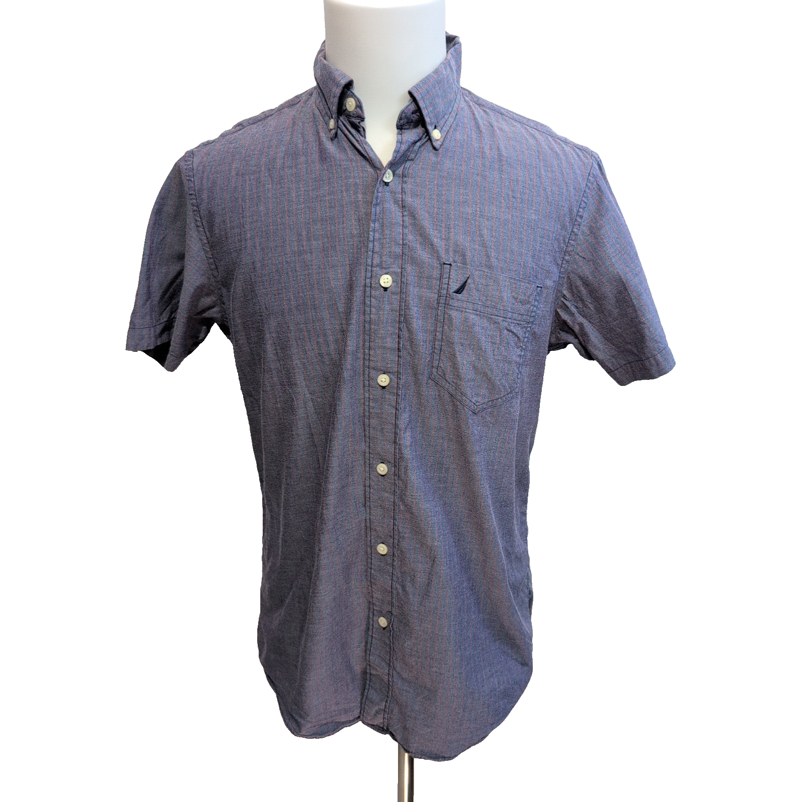 Chemise Nautica S Bleu Rayures Rouges 100% Coton Logo Poche Manches courtes
