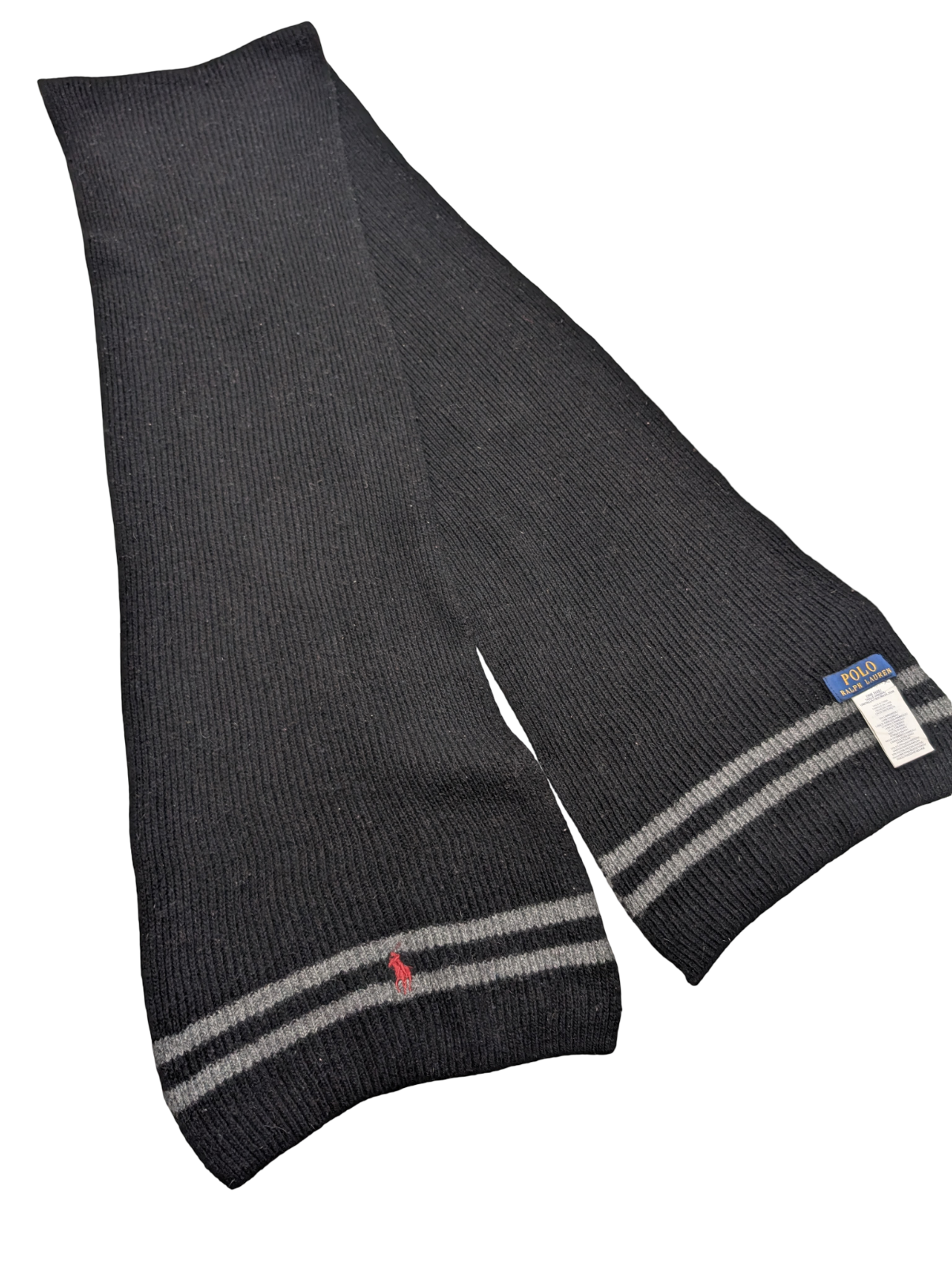 Écharpe Polo Ralph Lauren Noire Côtelée Laine d'Agneau Logo Rouge Foncé