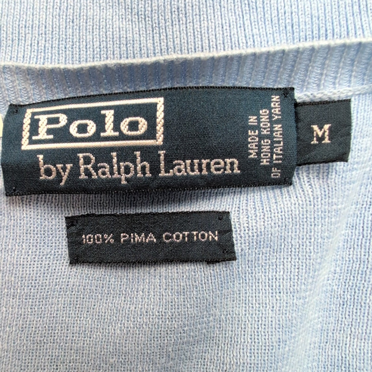 Pull fin col V Polo Ralph Lauren bleu clair Logo jaune 100% Pima coton Taille M