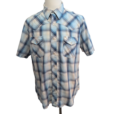 Chemise Wrangler Manche Courte Western Carreaux Bleus et Blancs Taille XL