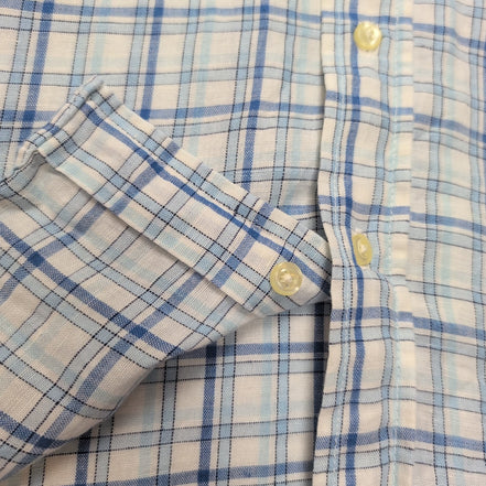 Chemise Old Navy XL Lin Coton Bleu Blanc Carreaux Manches Courtes