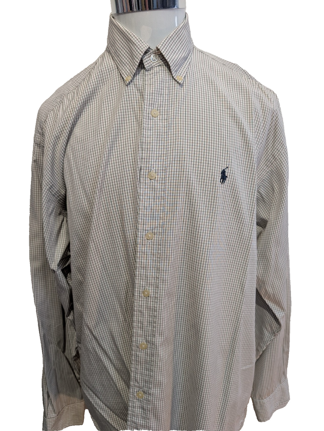 Chemise Polo Ralph Lauren Shirt Golf XL Tilden Plaid Crème Vert Button Down