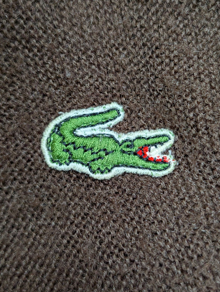 Pull Vintage IZOD Lacoste M marron col V 100% Orlon Logo crocodile brodé