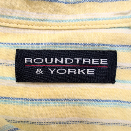 Chemise Roundtree & Yorke XL Lin Coton Rayures Jaune Bleu Manches courtes