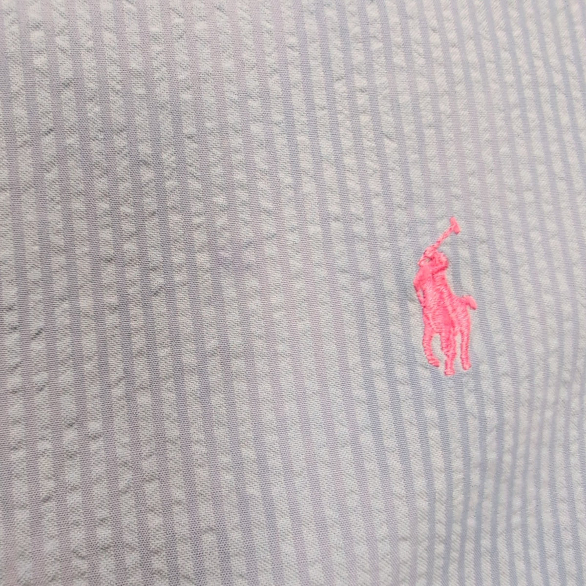 Chemise Ralph Lauren L Bleue Rayures Gaufrées Coton Manches Courtes Logo Rose
