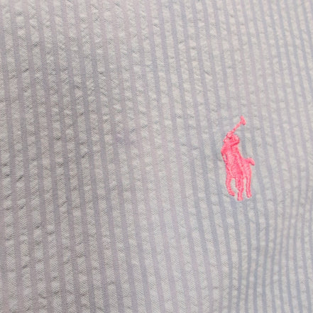 Chemise Ralph Lauren L Bleue Rayures Gaufrées Coton Manches Courtes Logo Rose