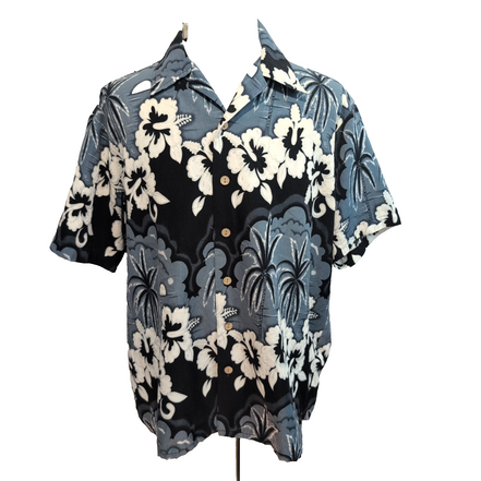 Chemise hawaïenne Kennington taille XL noir gris palmiers fleurs Manches courtes