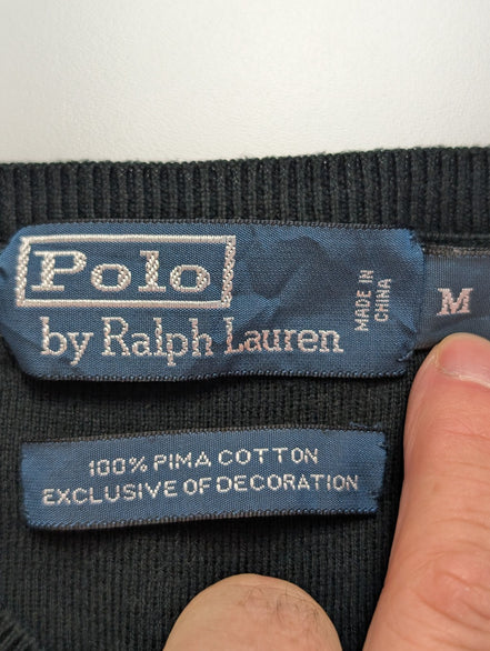 Pull Polo Ralph Lauren noir col V coton Pima logo violet taille M