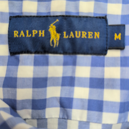 Chemise Ralph Lauren Femme M Bleu Vichy Logo Marron 100% Coton Cintrée