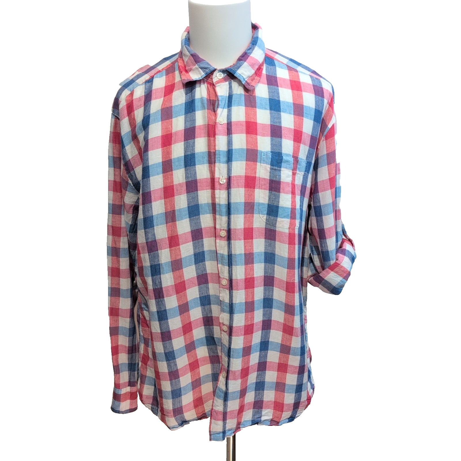 Chemise Bachrach XXL Lin Coton Carreaux Bleu Rouge Blanc Manches Retractables