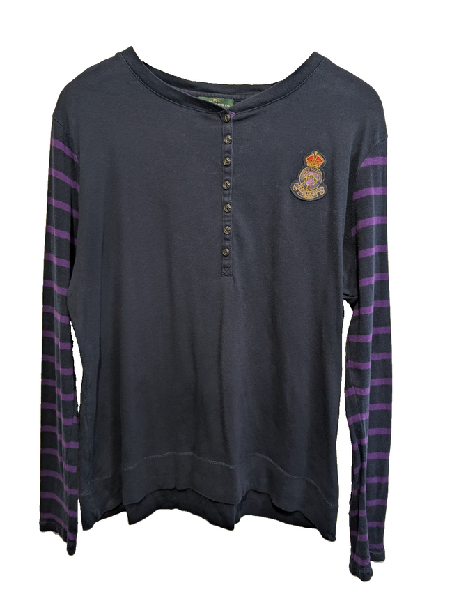 Pull LAUREN Jeans Co Ralph Lauren XL marine rayures violet écusson brodé