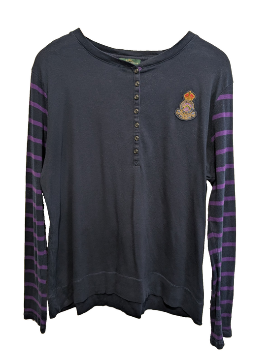 Pull LAUREN Jeans Co Ralph Lauren XL marine rayures violet écusson brodé