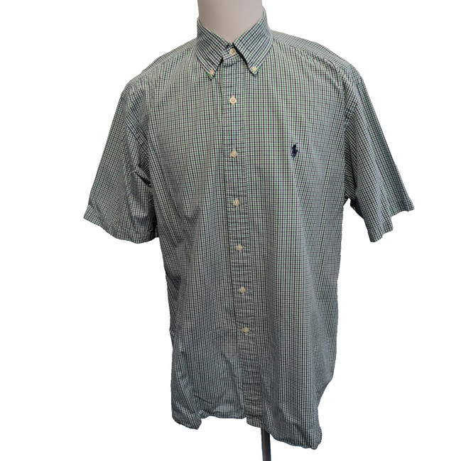 Chemise Ralph Lauren L Verte Carreaux Manches Courtes logo bleu