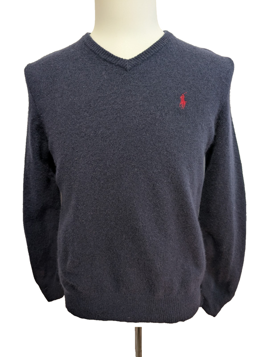 Pull Col V POLO Ralph Lauren Bleu Marine 100% Laine d'Agneau - Taille L / M