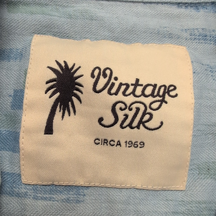 Chemise Hawaïenne Vintage Silk L 100% Soie Bleu Motif Abstrait Poche