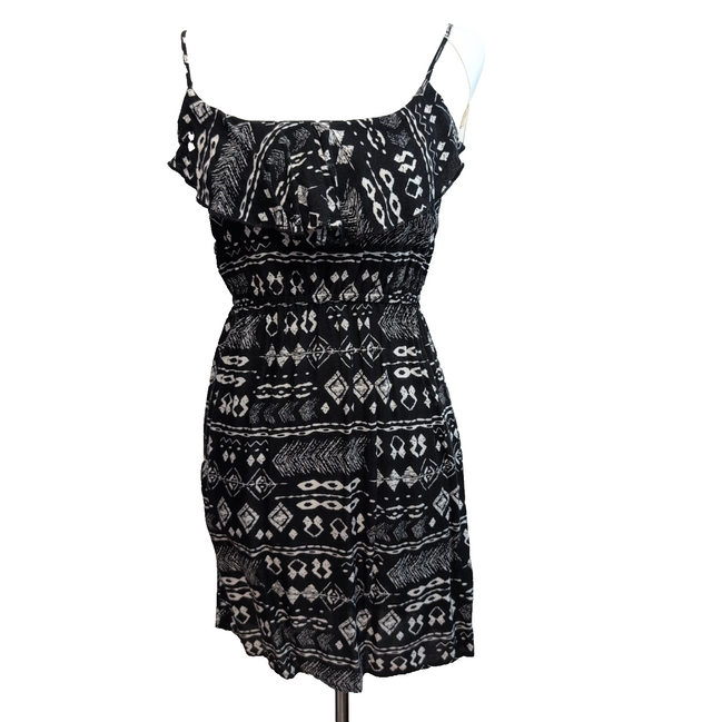 Robe d'été Femme XS Noir Blanc Motif Ethnique Rayonne Bretelles Réglables