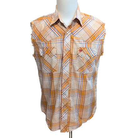 Chemise Wrangler Western M Sans Manches Orange Carreaux Pressions Cowboy