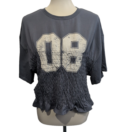 Haut Femme MONKI Taille XXL Bleu Gris Graphique 08 Taille Smockée Coton