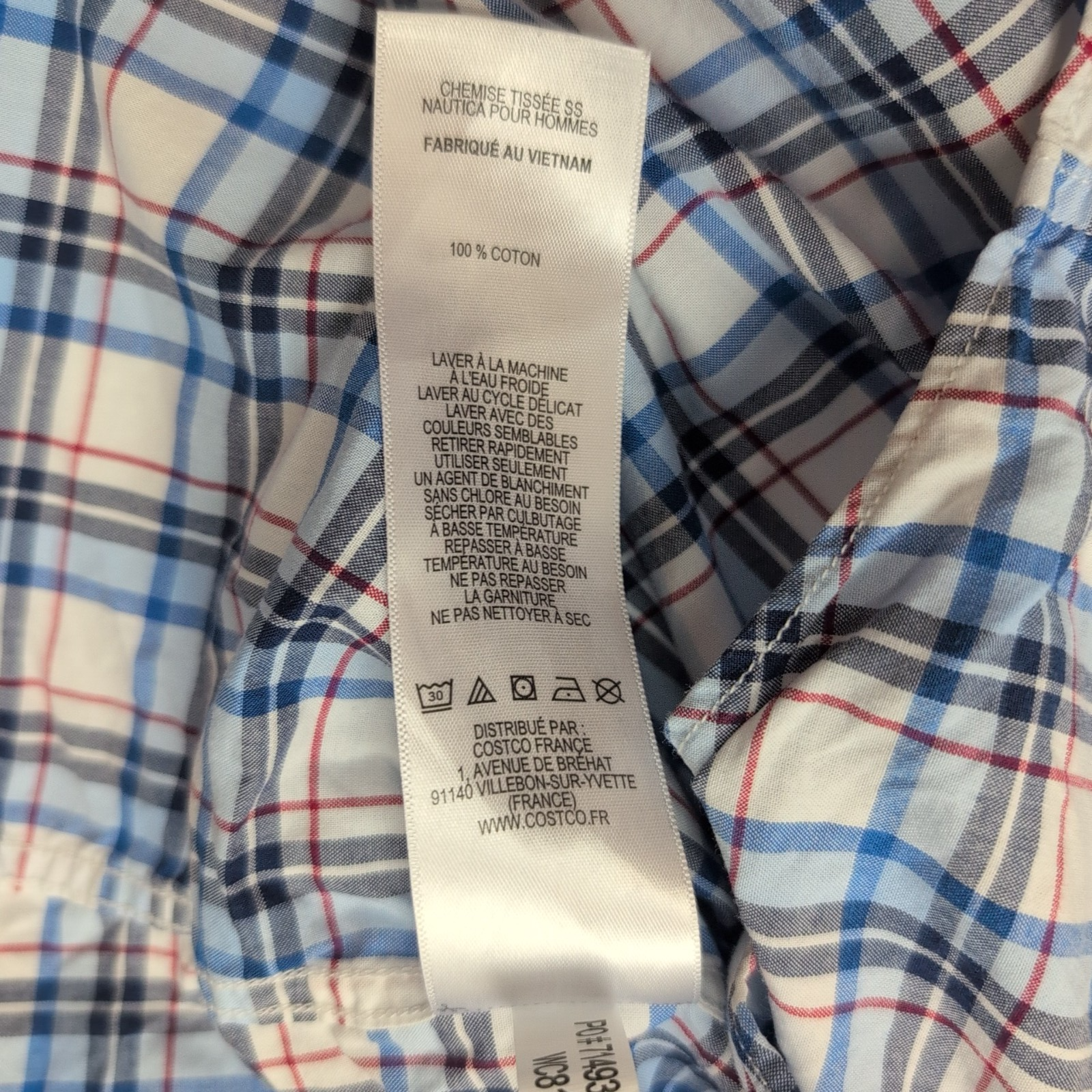 Chemise Nautica M Bleu Blanc Rouge Carreaux 100% Coton Manches Courtes