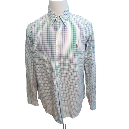 Chemise Ralph Lauren Oxford L Carreaux Vert Pastel Bleu Marine manches longues