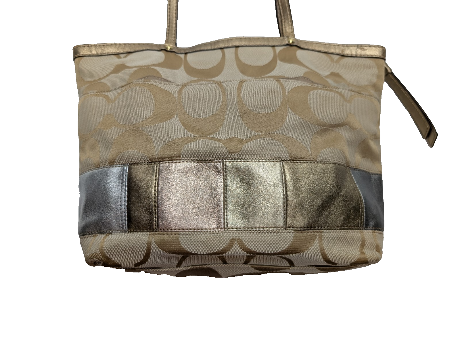 Sac Coach Signature Beige Jacquard Toile Cuir Épaule Cabas