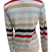 Pull Col V Tommy Hilfiger à rayures Rouge Marron Bleu Blanc Femme - Taille L