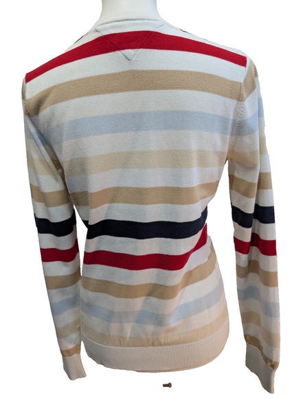 Pull Col V Tommy Hilfiger à rayures Rouge Marron Bleu Blanc Femme - Taille L