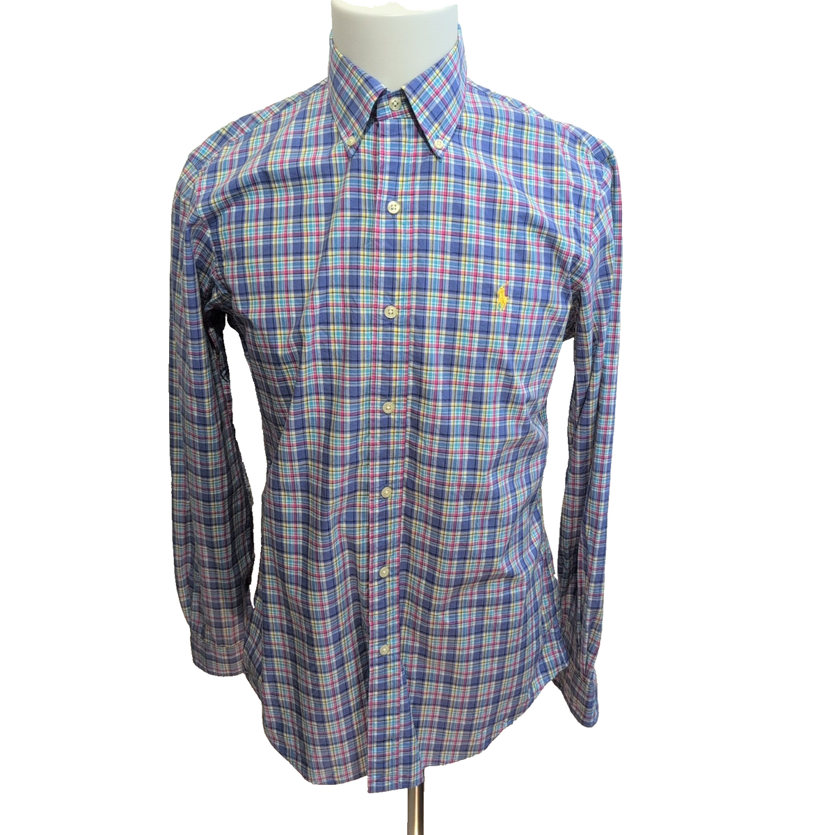 Chemise Ralph Lauren Homme S Bleu Jaune Rose Carreaux Logo Jaune Coton