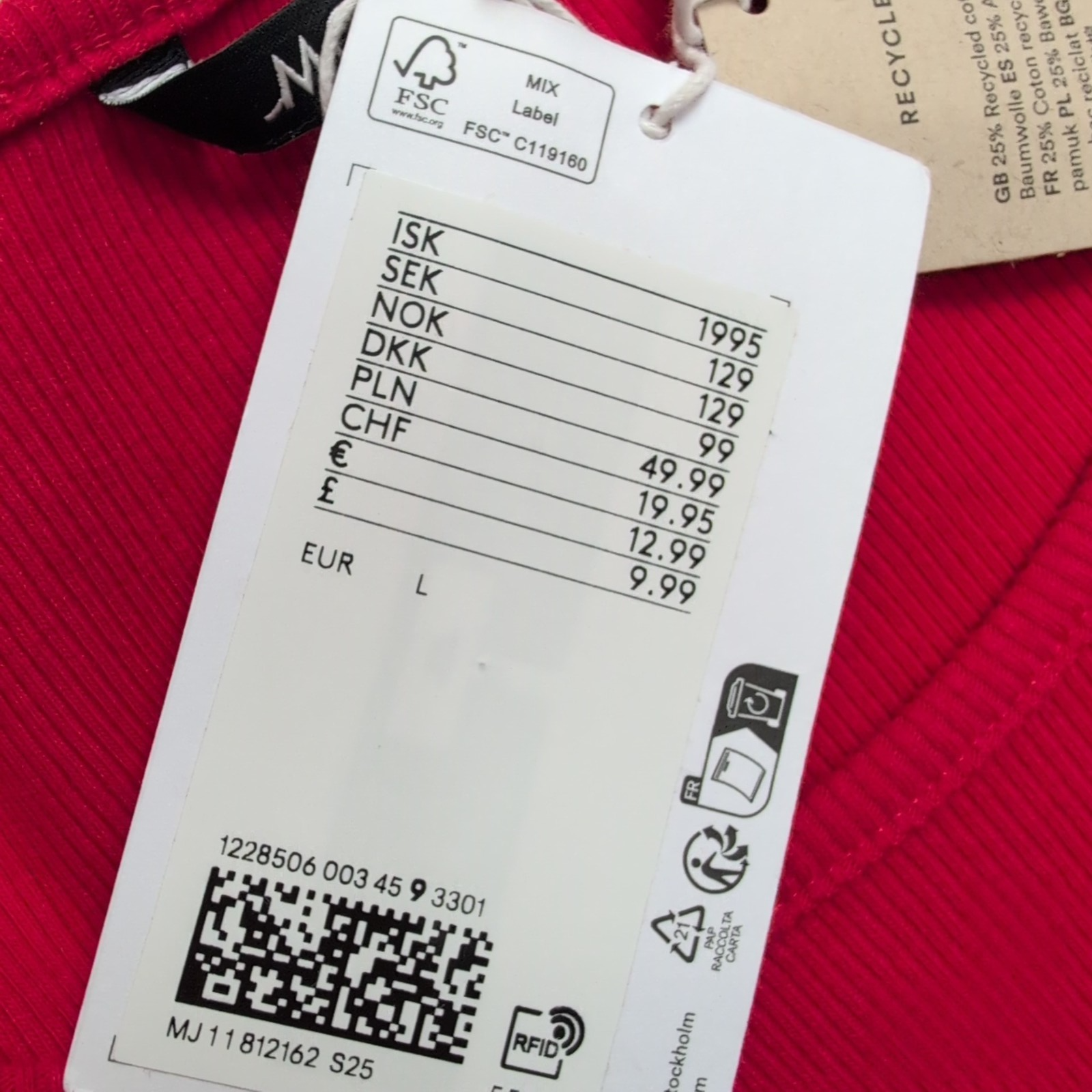 Haut Femme MONKI Taille L Rouge Manches Courtes Coton Neuf avec Étiquette