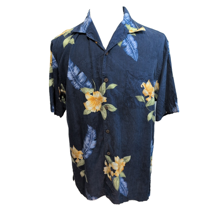 Chemise hawaïenne Tommy Bahama M bleu marine fleurie 100% soie manches courtes