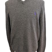 Pull Polo Ralph Lauren Gris Logo Violet - 100% Laine d'Agneau - L - ÉTAT NEUF