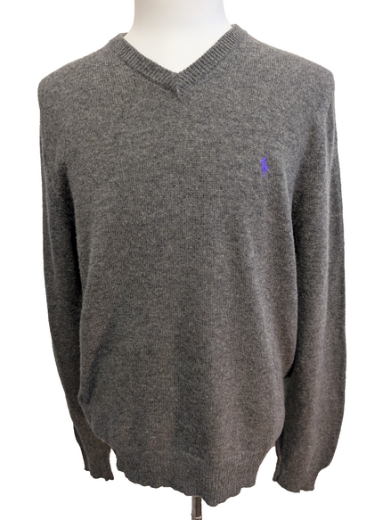 Pull Polo Ralph Lauren Gris Logo Violet - 100% Laine d'Agneau - L - ÉTAT NEUF