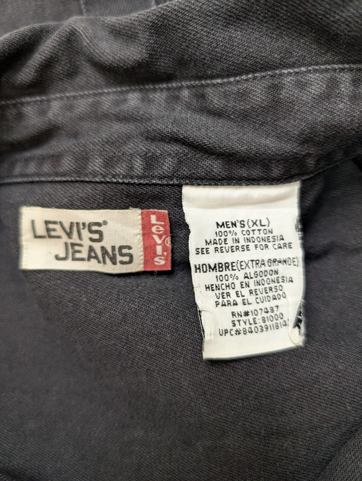 Chemise LEVI'S Jean Denim Noir Manches Longues Boutons Métal - Taille XL / XXL