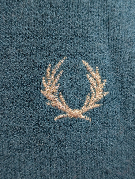 Pull Fred Perry Femme L Bleu Vert 100% Laine Made in Italy Logo Argenté