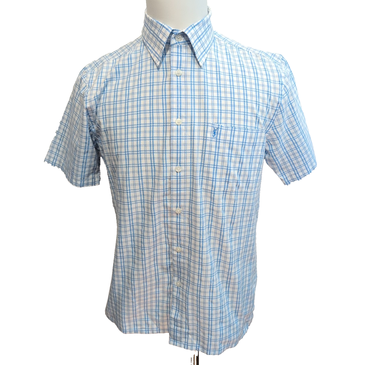 Chemise YVES SAINT LAURENT M Blanche Carreaux Bleus Manches Courtes