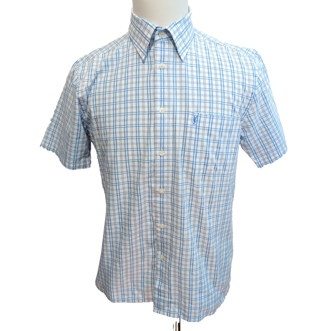 Chemise YVES SAINT LAURENT M Blanche Carreaux Bleus Manches Courtes