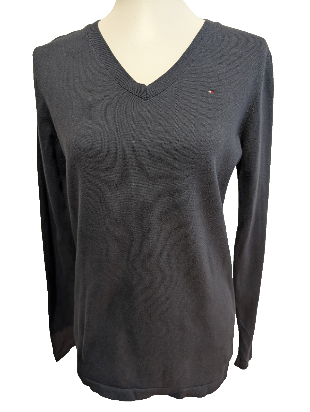 Pull Fin Tommy Hilfiger Femme Col V Bleu Marine Taille M Logo Brodé