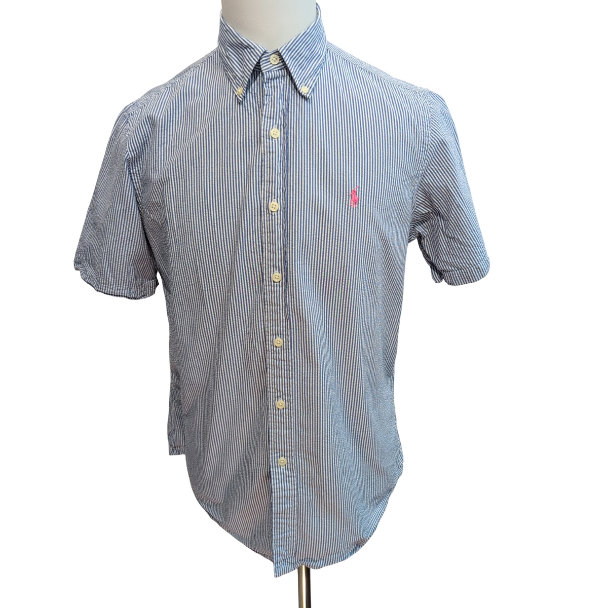 Chemise Ralph Lauren M Bleu Rayures Gauffrées Logo Rose manches courtes