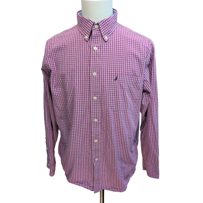 Chemise Nautica XL Rose Fuchsia Carreaux Classic Fit 100% Coton Logo Brodé