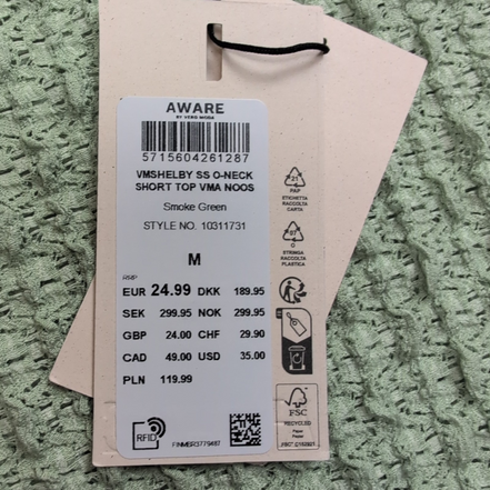 Haut Femme AWARE Vero Moda M Vert Gaufré Extensible Manches Courtes Neuf