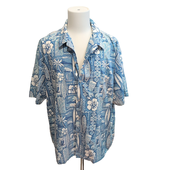 Chemise Hawaïenne Makapuu Hawaii USA 3XL Surf Palmier Bleu Vtg manches courtes