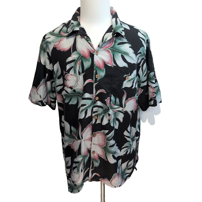 Chemise Hawaïenne Caribbean L 70% Soie Noir Fleurs Fuchsia Boutons Bois